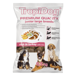 Hrana uscata pentru caini TropiDog, Premium Junior, tale mare, curcan & orez, 500g