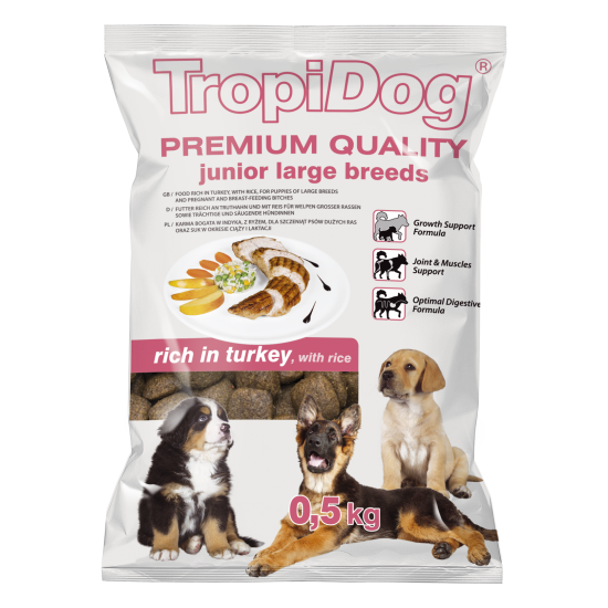 Hrana uscata pentru caini TropiDog, Premium Junior, tale mare, curcan & orez, 500g Hrana uscata pentru caini TropiDog, Premium Junior, tale mare, curcan & orez, 500g