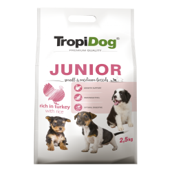 Hrana uscata pentru caini TropiDog, Premium Junior, tale mica sau medie, curcan & orez, 2.5kg