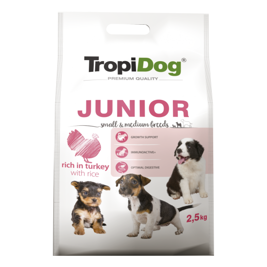 Hrana uscata pentru caini TropiDog, Premium Junior, tale mica sau medie, curcan & orez, 2.5kg Hrana uscata pentru caini TropiDog, Premium Junior, tale mica sau medie, curcan & orez, 2.5kg