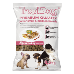 Hrana uscata pentru caini TropiDog, Premium Junior, tale mica sau medie, curcan & orez, 500g