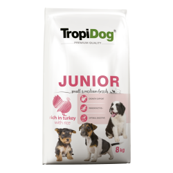Hrana uscata pentru caini TropiDog, Premium Junior, tale mica sau medie, curcan & orez, 8kg