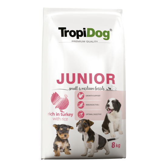 Hrana uscata pentru caini TropiDog, Premium Junior, tale mica sau medie, curcan & orez, 8kg Hrana uscata pentru caini TropiDog, Premium Junior, tale mica sau medie, curcan & orez, 8kg