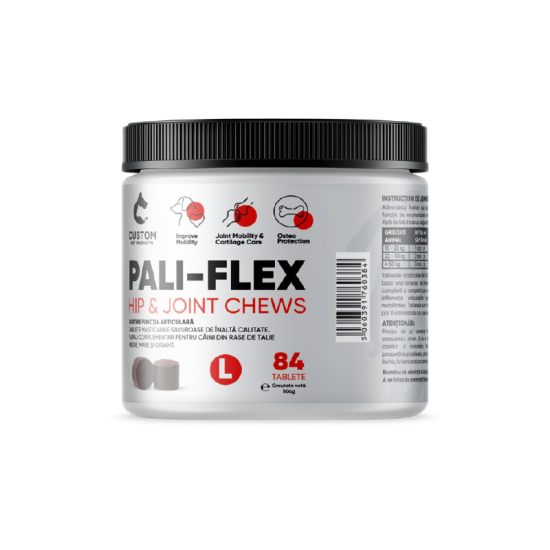 Tablete masticabile pentru combaterea durerii si a inflamatiei articulatiilor rigide, caini de talie mare, PALI-FLEX, L, 84 tablete Tablete masticabile pentru combaterea durerii si a inflamatiei articulatiilor rigide, caini de talie mare, PALI-FLEX, L, 84 tablete
