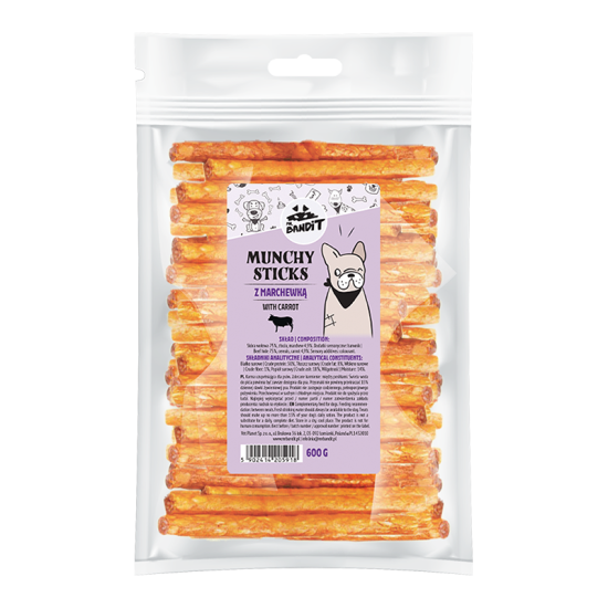 Recompense pentru caini Mr. Bandit Munchy Sticks, cu morcov, 600g Recompense pentru caini Mr. Bandit Munchy Sticks, cu morcov, 600g