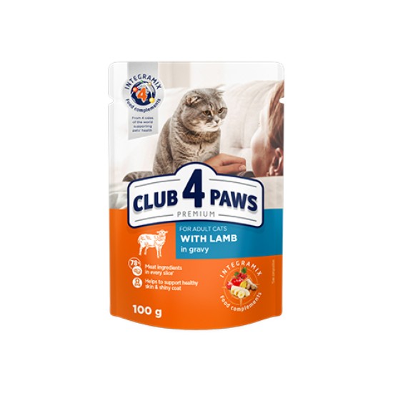 Hrana umeda pentru pisici adulte, CLUB 4 PAWS Premium, miel in sos, 100g Hrana umeda pentru pisici adulte, CLUB 4 PAWS Premium, miel in sos, 100g