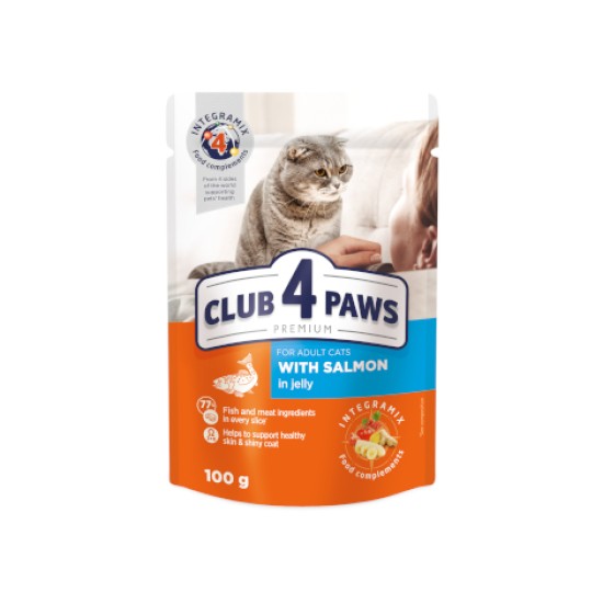 Hrana umeda pentru pisici adulte, CLUB 4 PAWS Premium, somon in jeleu, 100g Hrana umeda pentru pisici adulte, CLUB 4 PAWS Premium, somon in jeleu, 100g
