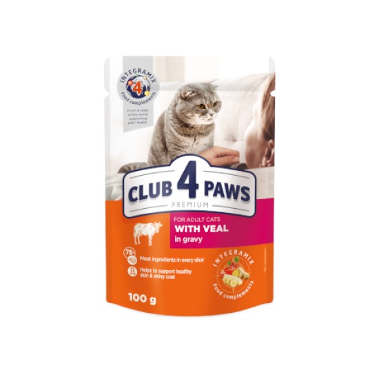 Hrana umeda pentru pisici adulte, CLUB 4 PAWS Premium, vitel in sos, 100g Hrana umeda pentru pisici adulte, CLUB 4 PAWS Premium, vitel in sos, 100g