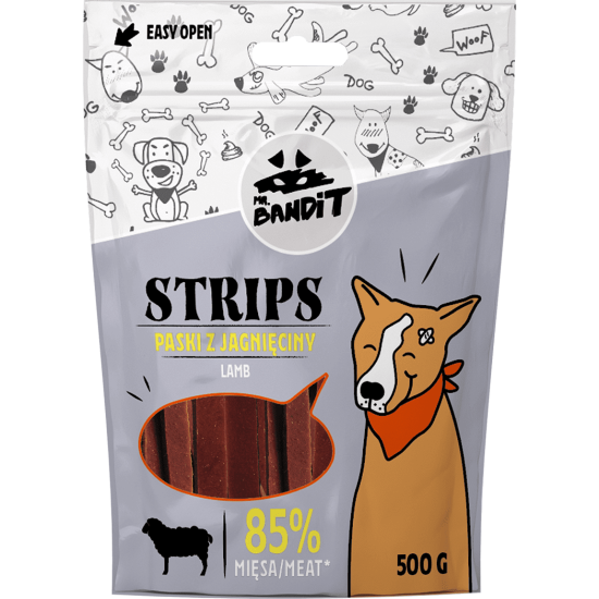 Recompense pentru caini Mr. Bandit STRIPS, miel, 500 g