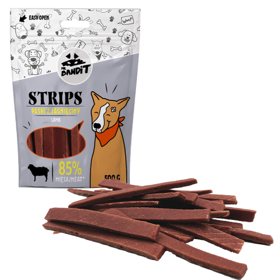 Recompense pentru caini Mr. Bandit STRIPS, miel, 500 g
