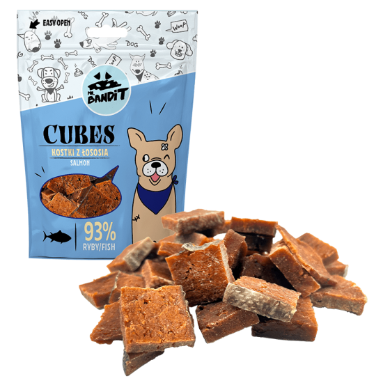 Recompense pentru caini Mr. Bandit, cuburi de somon, 500 g Recompense pentru caini Mr. Bandit, cuburi de somon, 500 g