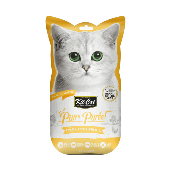 Recompense lichde pentru pisici Kit Cat Purr Puree, pui si fibre, Hairball, 4 x 15g Recompense lichde pentru pisici Kit Cat Purr Puree, pui si fibre, Hairball, 4 x 15g