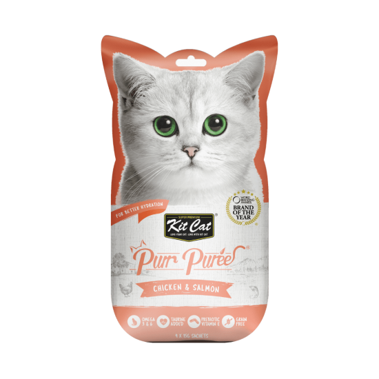 Recompense lichde pentru pisici Kit Cat Purr Puree, pui si somon, 4 x 15g Recompense lichde pentru pisici Kit Cat Purr Puree, pui si somon, 4 x 15g