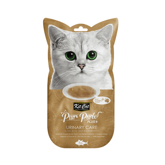 Recompense lichde pentru pisici Kit Cat Purr Puree Plus+ Urinary Care, ton si merisoare, 4x15g Recompense lichde pentru pisici Kit Cat Purr Puree Plus+ Urinary Care, ton si merisoare, 4x15g