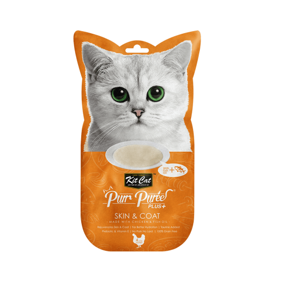 Recompense lichde pentru pisici Kit Cat Purr Puree Plus+ Skin & Coat , pui si ulei de peste, 4x15g Recompense lichde pentru pisici Kit Cat Purr Puree Plus+ Skin & Coat , pui si ulei de peste, 4x15g