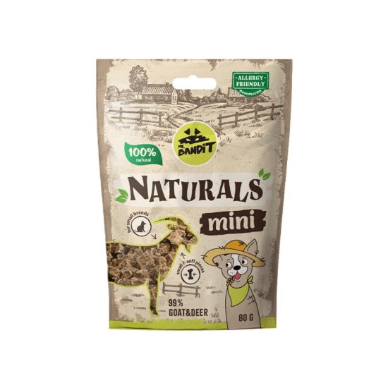 Recompense pentru caini, talie mica, Mr Bandit Naturals Mini, capra si cerb, 80g Recompense pentru caini, talie mica, Mr Bandit Naturals Mini, capra si cerb, 80g