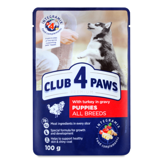 Hrana umeda pentru caini junior, CLUB 4 PAWS Premium, curcan in sos, 100g