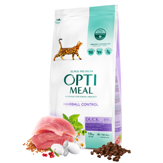 Hrana uscata pentru pisici adulte, Super Premium OPTIMEAL DRY FOOD, eliminarea ghemotoacelor, rata, 10 kg Hrana uscata pentru pisici adulte, Super Premium OPTIMEAL DRY FOOD, eliminarea ghemotoacelor, rata, 10 kg