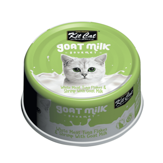 Hrana umeda pentru pisici, Kit Cat Goat Milk Gourmet, Fasii de ton alb & creveti cu lapte de capra, 70g