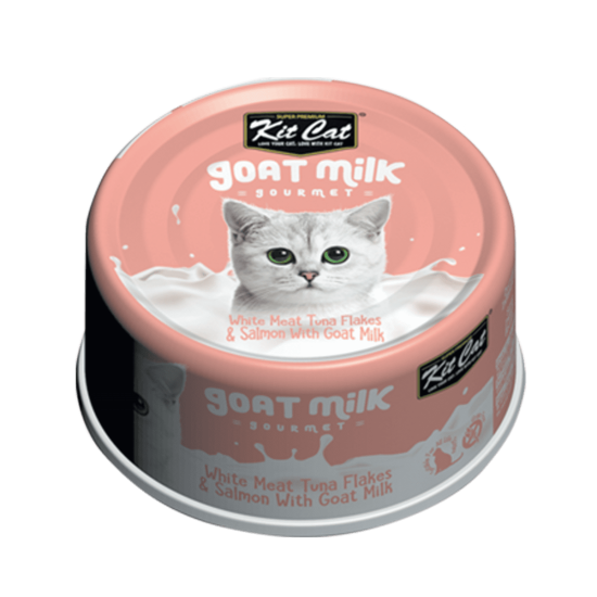 Hrana umeda pentru pisici, Kit Cat Goat Milk Gourmet, Fasii de ton alb & somon cu lapte de capra, 70g