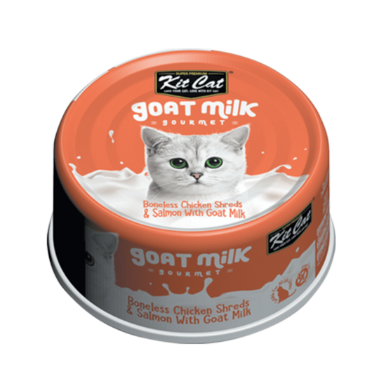 Hrana umeda pentru pisici, Kit Cat Goat Milk Gourmet, File de Pui Fara Oase & Somon cu Lapte de Capra, 70g