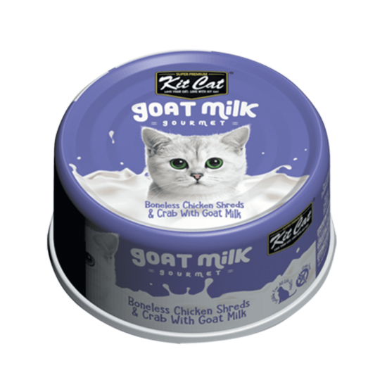 Hrana umeda pentru pisici, Kit Cat Goat Milk Gourmet,File de Pui Fara Oase & Crab cu Lapte de Capra, 70g