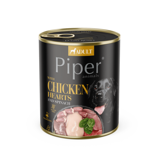Hrana umeda pentru caini PIPER DOG, inimi de pui si spanac. 800g
