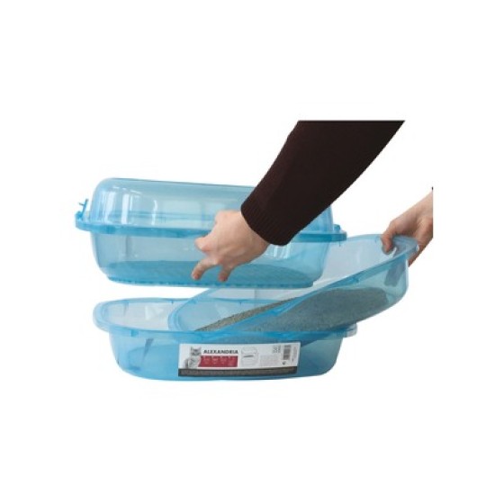 Litiera pentru pisici din plastic cu margine de protectie, ALEXANDRIA M-PETS, 46x40x18 cm, albastru