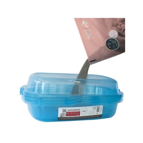 Litiera pentru pisici din plastic cu margine de protectie, ALEXANDRIA M-PETS, 46x40x18 cm, albastru
