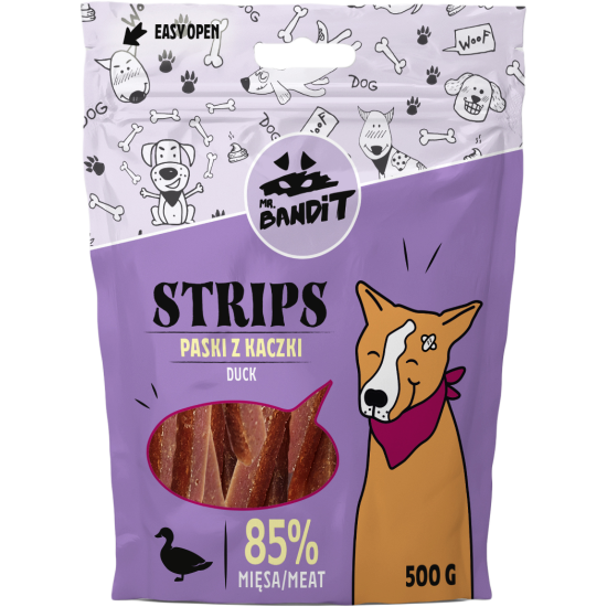 Recompense pentru caini Mr. Bandit STRIPS, rata, 500g