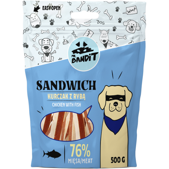 Recompense pentru caini Mr. Bandit SANDWICH, pui cu peste, 500g