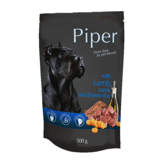 Hrana umeda pentru caini Piper Adult, Miel, Morcovi si Orez brun, 500 g