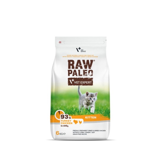 Hrana uscata pentru pisici kitten, RAW PALEO, carne de curcan si pui, 6 kg