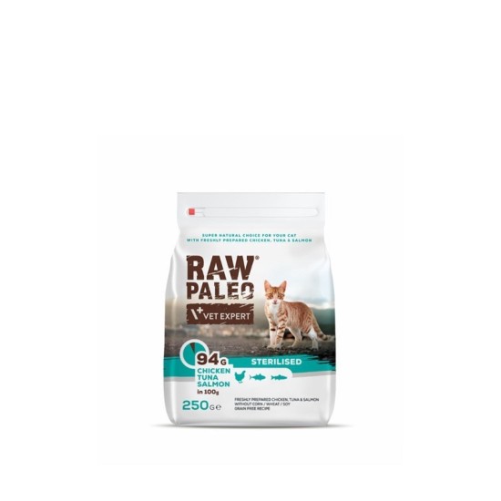 Hrana uscata pentru pisici sterilizate, RAW PALEO, carne de pui, ton si somon, 250g Hrana uscata pentru pisici sterilizate, RAW PALEO, carne de pui, ton si somon, 250g