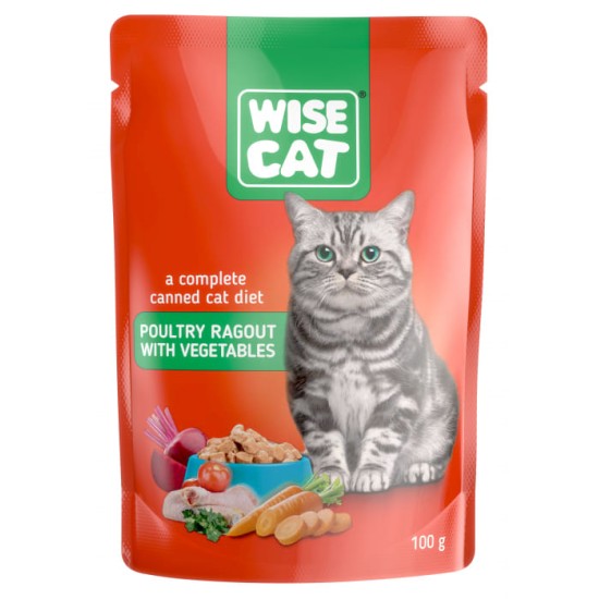 Hrana umeda pentru pisici, WISE CAT, tocana de pasare de curte si legume, 24 plicuri x 100gr Hrana umeda pentru pisici, WISE CAT, tocana de pasare de curte si legume, 24 plicuri x 100gr
