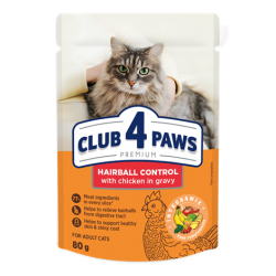Club 4 Paws Premium Hairball Control cu Pui în Sos – hrană umedă pentru pisici adulte, 80 g