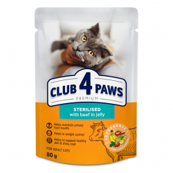 Club 4 Paws Premium cu Vită în Jeleu – hrană umedă pentru pisici adulte sterilizate, 80 g