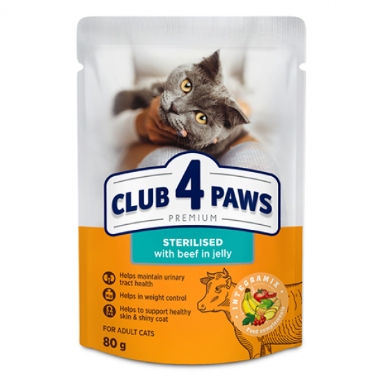 Club 4 Paws Premium cu Vită în Jeleu pentru Pisici Sterilizate 80 g