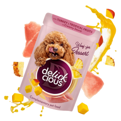 Delickcious Flakes cu Curcan și Fructe Tropicale în Sos Cremos – hrană complementară pentru câini, 80 g