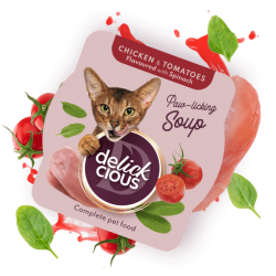 Delickcious Supă de Pui cu Roșii și Spanac – hrană complementară pentru pisici, 80 g