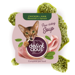 Delickcious Supă de Pui cu Șuncă de Pui și Spanac – hrană complementară pentru pisici, 80 g