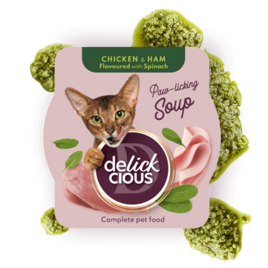 Delickcious Supă de Pui cu Șuncă și Spanac pentru Pisici 80 g