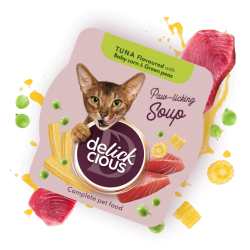 Delickcious Supă de Ton cu Porumb Baby și Mazăre Verde – hrană complementară pentru pisici, 80 g