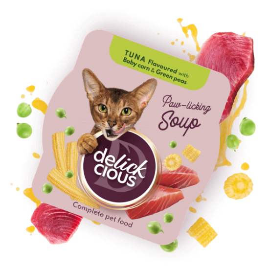 Delickcious Supă de Ton cu Porumb Baby și Mazăre Verde pentru Pisici 80 g