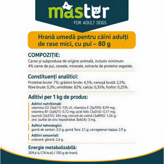 MASTER hrană umedă câini adulți talie mică cu pui 80 g