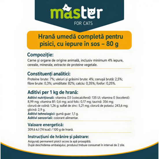 MASTER hrană umedă pisici adulte cu iepure în sos 80 g