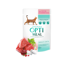 OPTIMEAL cu Vițel în Sos de Merișor – hrană umedă pentru pisici adulte, 85 g