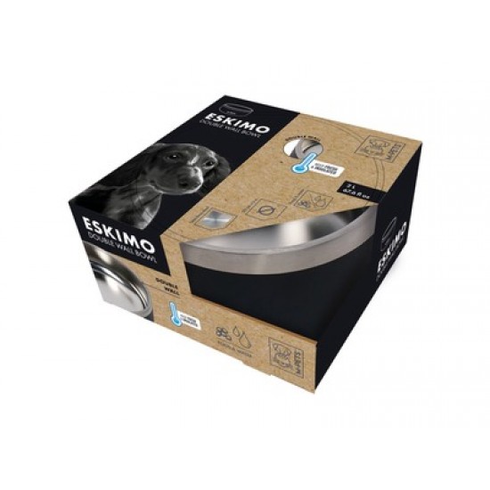 Castron negru pentru caini, premium, otel inoxidabil, Double Wall Bowl ESKIMO M-PETS, 2 L