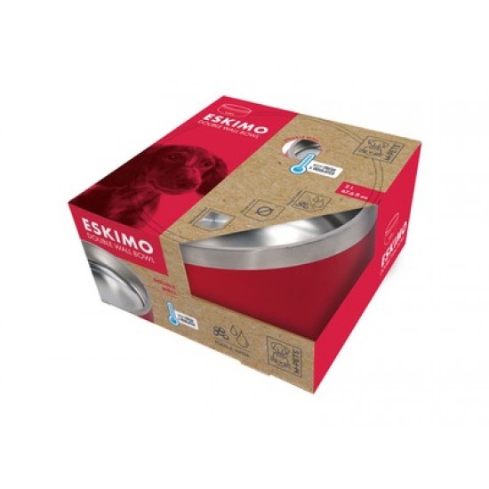 Castron rosu, premium, otel inoxidabil, Double Wall Bowl ESKIMO M-PETS, 1.25 L