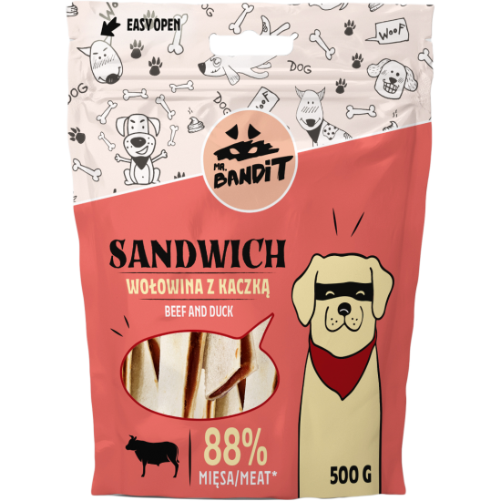 Recompense pentru caini Mr. Bandit SANDWICH, vita cu rata, 500g